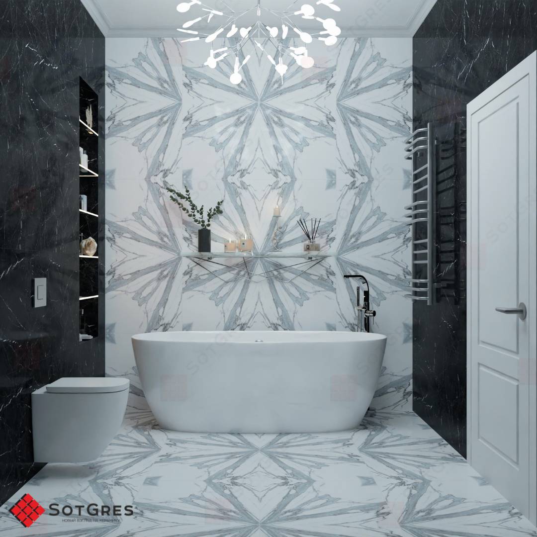 BOOKMATCH SCATTER WHITE /60х60/ глянцевый белый с серым керамический гранит панно под мрамор