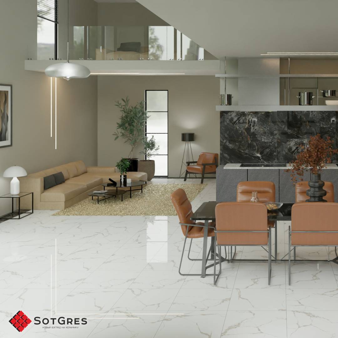 CARRARA WHITE /60х60/ белый глянцевый керамический гранит под мрамор